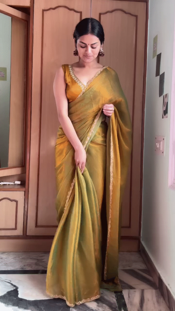 Elegant Golden Olive Silk Saree with Embroidered Border – Traditional Festive Wear