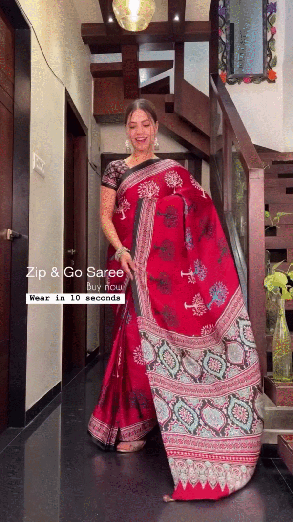 Red & Black Zip & Go Pre-Stitched Saree – Wear in 10 Seconds - Image 2