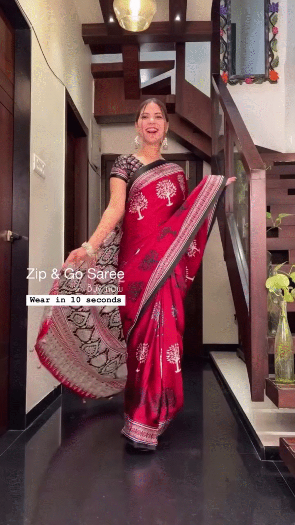 Red & Black Zip & Go Pre-Stitched Saree – Wear in 10 Seconds