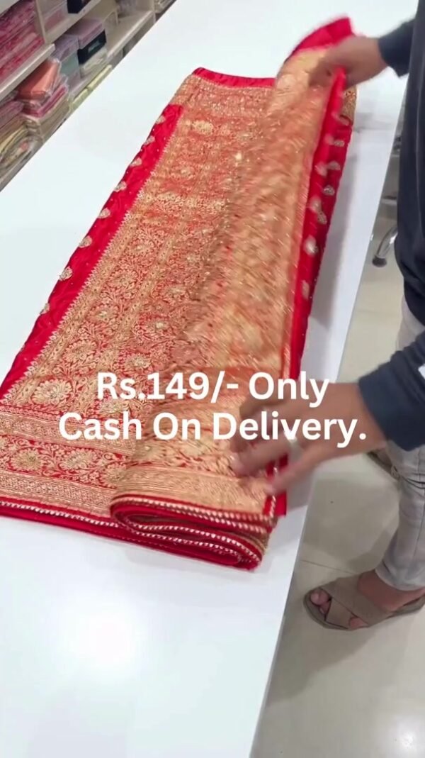Traditional Red and Gold Embroidered Saree Fabric - Image 3