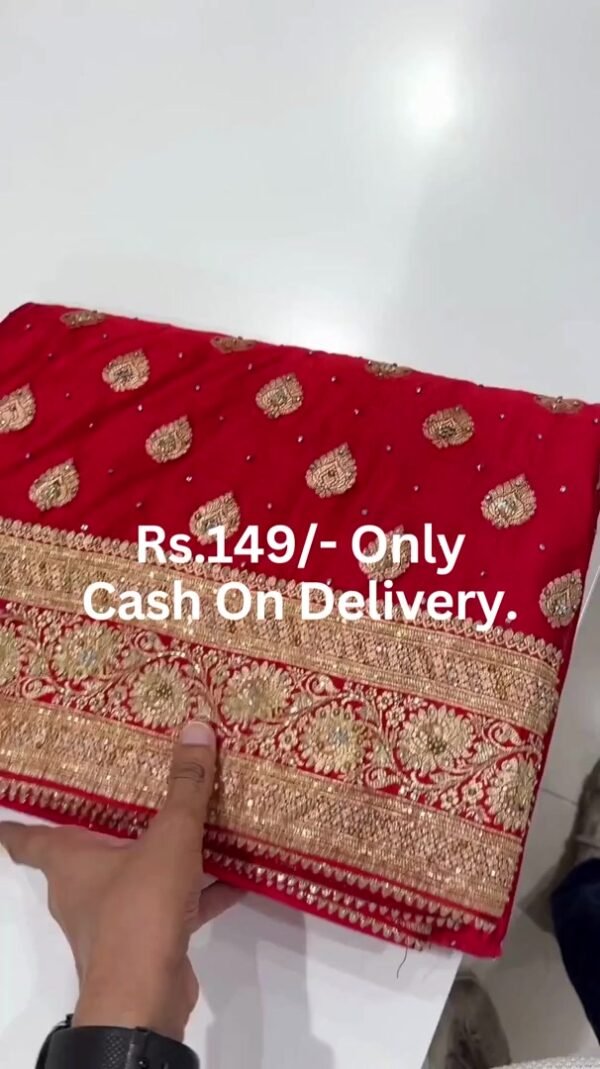Traditional Red and Gold Embroidered Saree Fabric