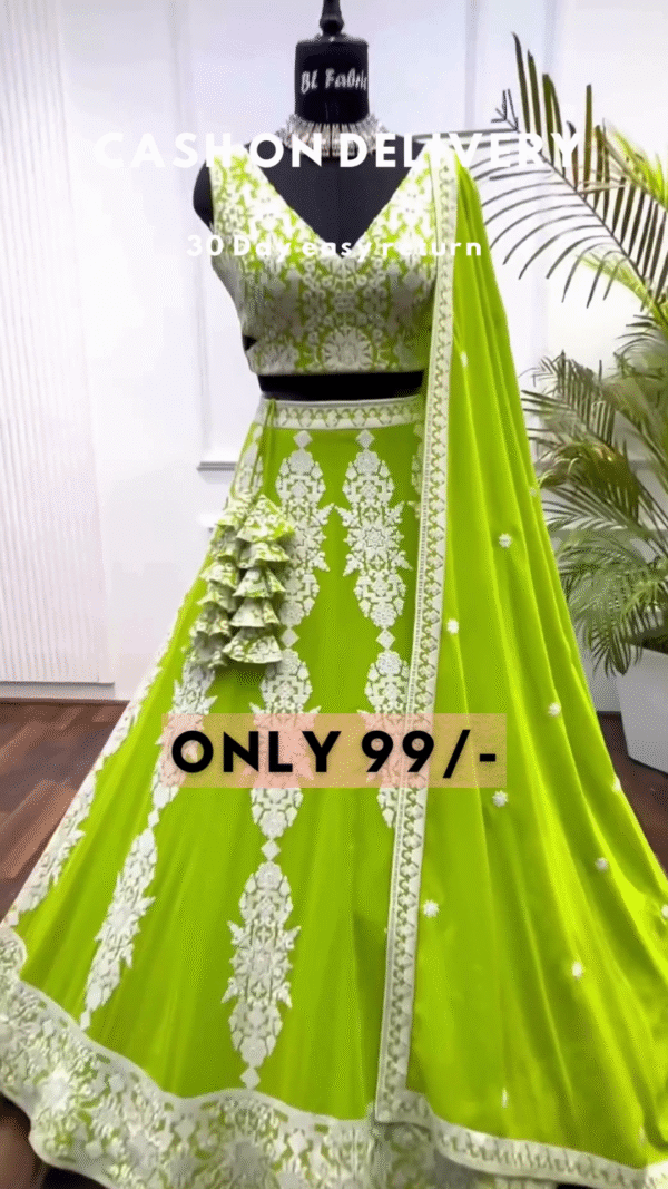 Elegant Lime Green Embroidered Lehenga Choli with Dupatta