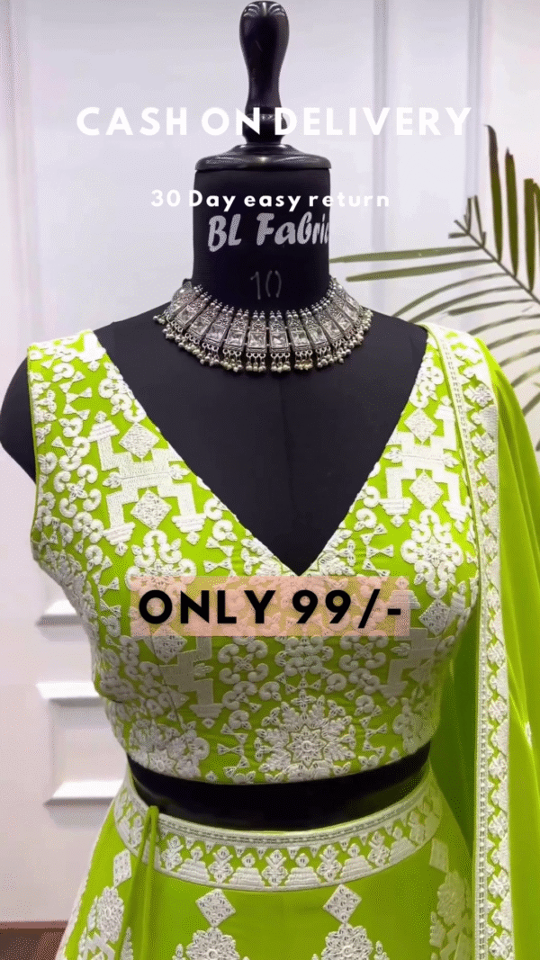 Elegant Lime Green Embroidered Lehenga Choli with Dupatta - Image 3