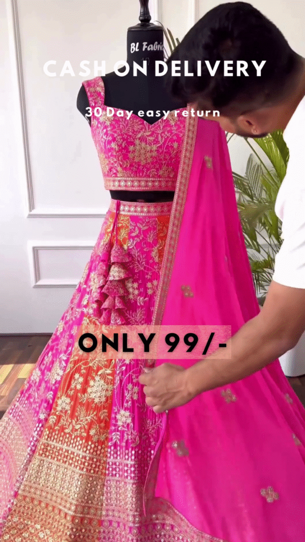 Radiant Multicolor Faux Georgette Lehenga Choli with Sequin & Zari Work – A Celebration of Vibrance and Grandeur