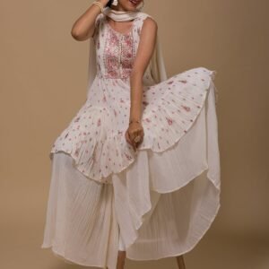 Cream Threadwork Georgette Readymade Sharara Suit