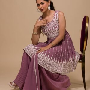 Mauve Threadwork Georgette Readymade Sharara Suit
