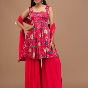 Red Printed Semi Crepe Readymade Sharara Suit