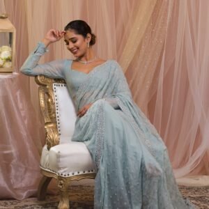 Sky Blue Stonework Georgette Designer Saree
