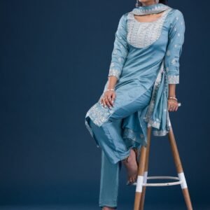 Sky Blue Zariwork Art Silk Readymade Salwar Suit