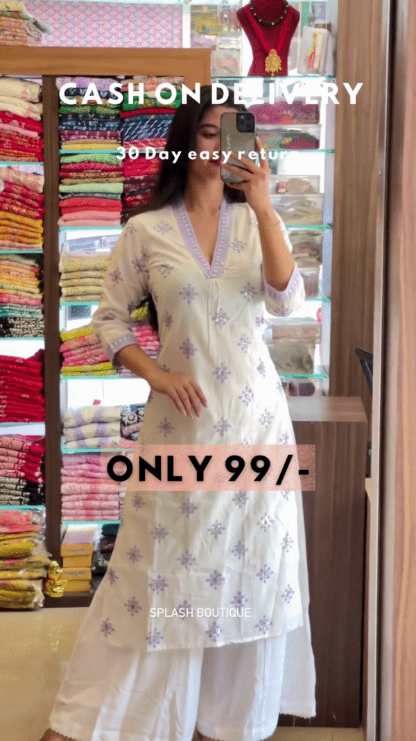Elegant Pink Printed Cotton Kurti with White Palazzos - Image 2