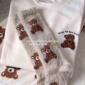 Teddy Bear Print White Lounge Set with Matching Socks