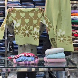 Floral Knit Co-ord Sets 🌸 Heart & Flower Patterns – Purple, Green & Pink Variants