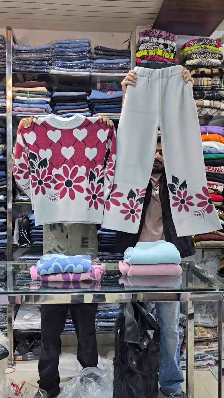 Floral Knit Co-ord Sets 🌸 Heart & Flower Patterns – Purple, Green & Pink Variants - Image 3