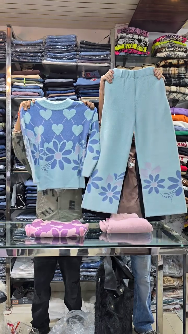 Floral Knit Co-ord Sets 🌸 Heart & Flower Patterns – Purple, Green & Pink Variants - Image 4