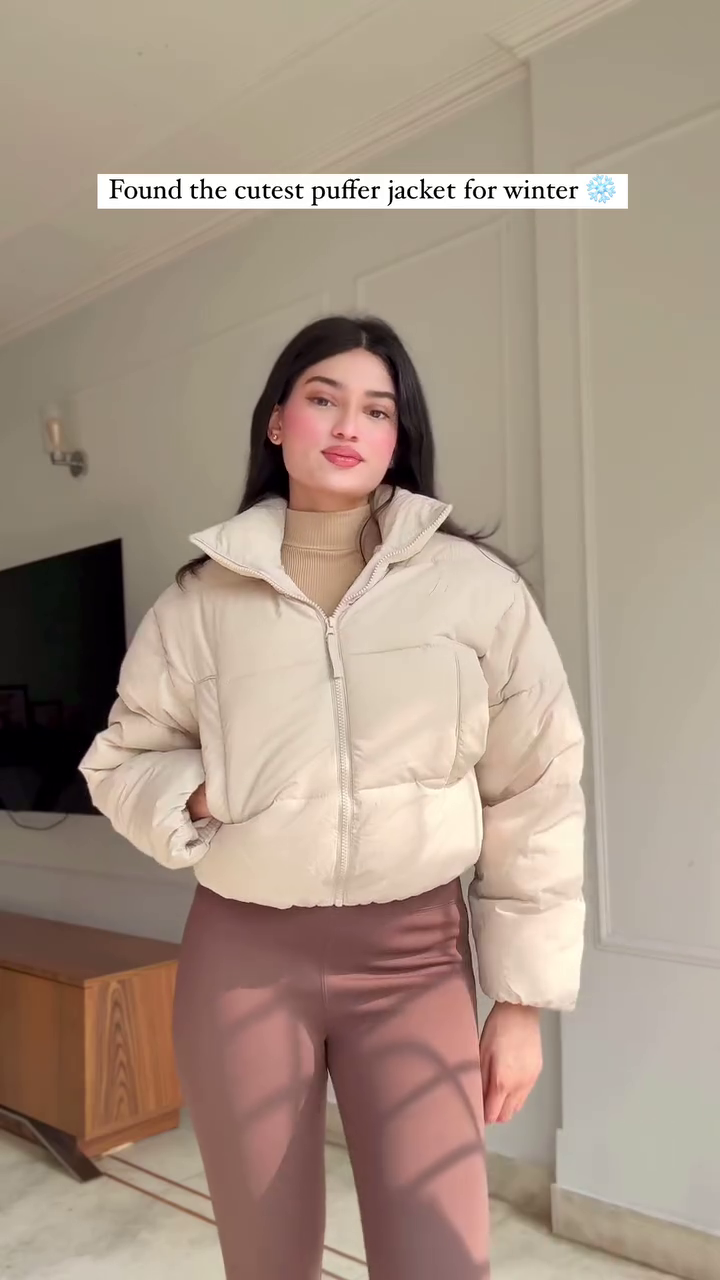 Beige Puffer Jacket Look 🤍 with Brown Leggings – Soft & Stylish Winterwear - Image 2