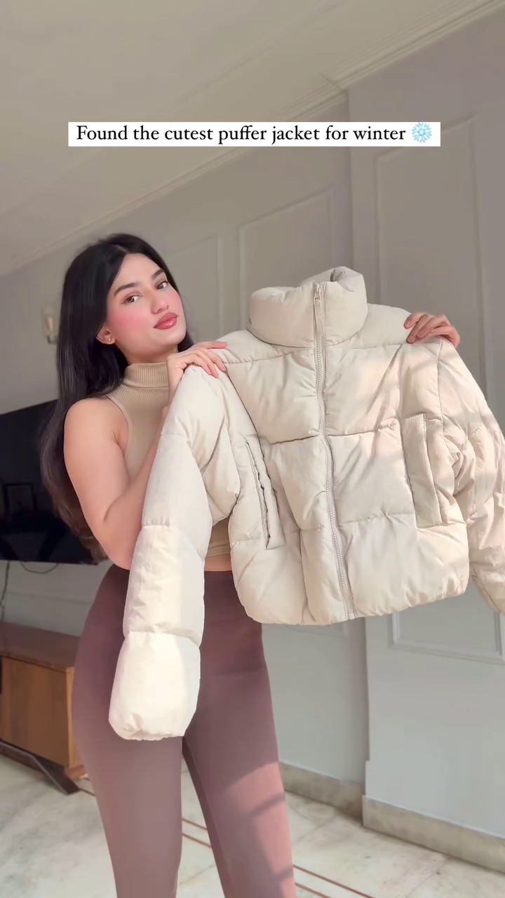 Beige Puffer Jacket Look 🤍 with Brown Leggings – Soft & Stylish Winterwear - Image 3