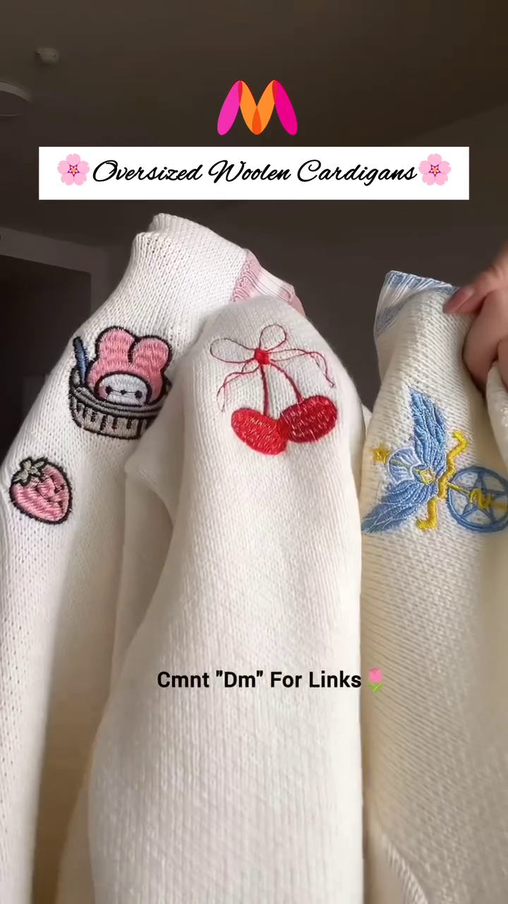 Oversized Woolen Cardigan π§΅π With Bow Pockets & Emblem Detail β White & Blue Variant - Image 2