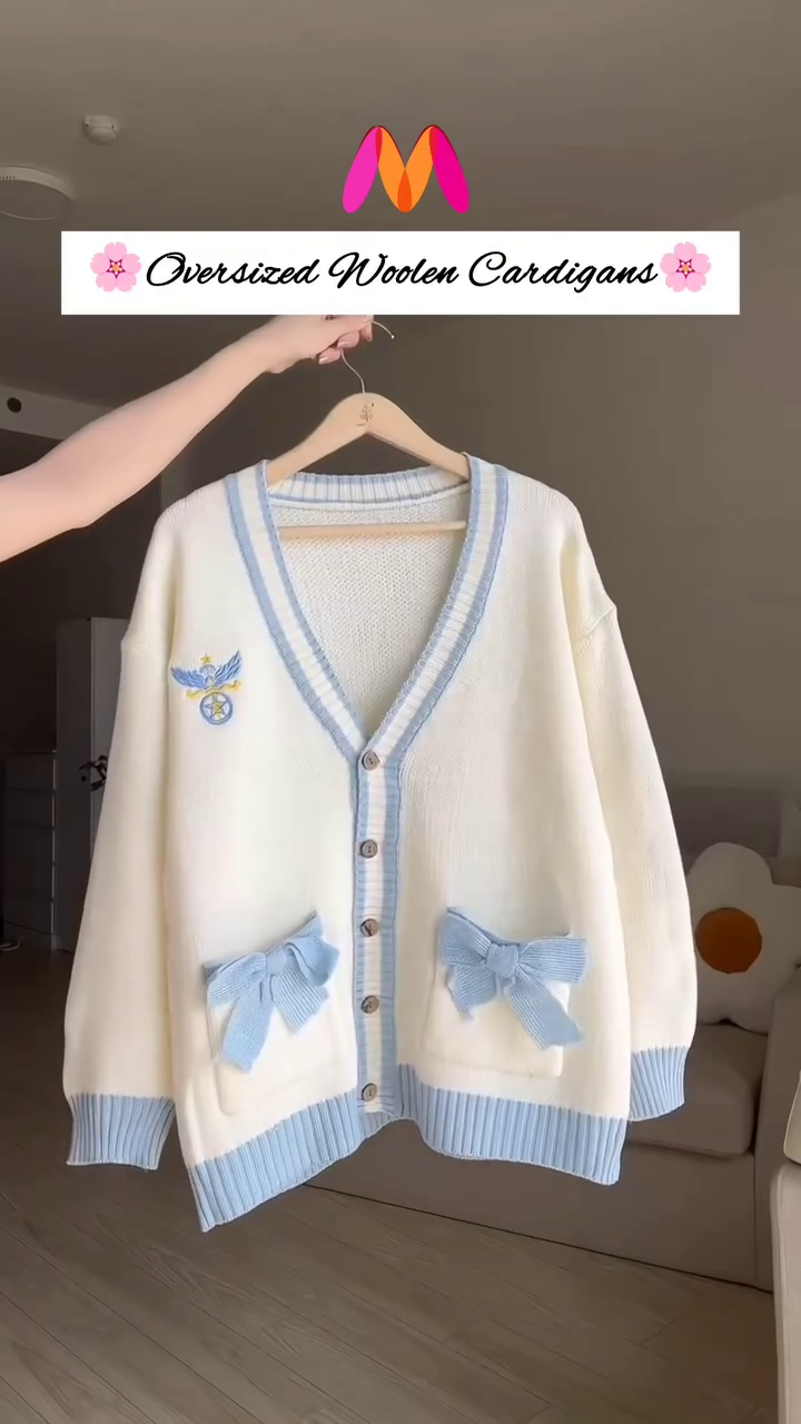 Oversized Woolen Cardigan π§΅π With Bow Pockets & Emblem Detail β White & Blue Variant - Image 3