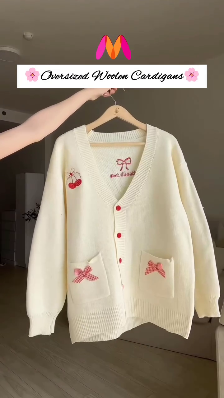 Oversized Woolen Cardigan π§΅π With Bow Pockets & Emblem Detail β White & Blue Variant - Image 4