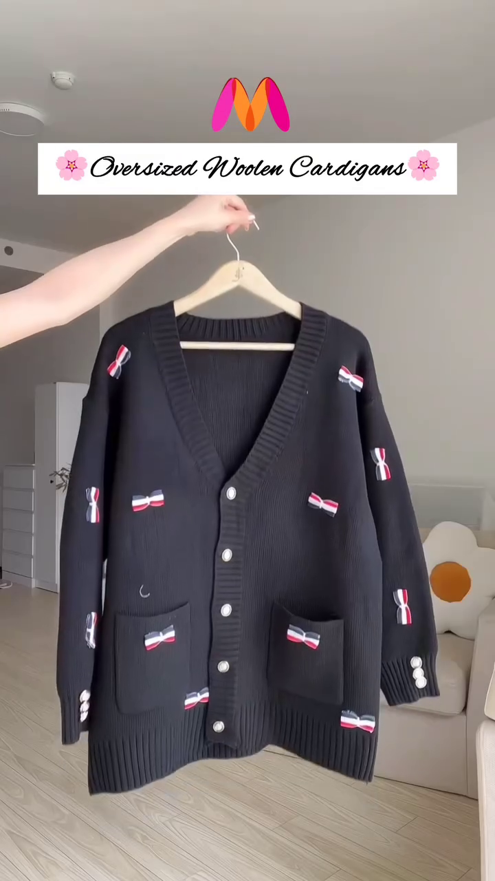 Oversized Woolen Cardigan π§΅π With Bow Pockets & Emblem Detail β White & Blue Variant - Image 7