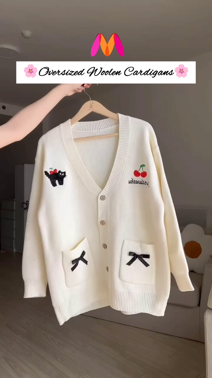 Oversized Woolen Cardigan π§΅π With Bow Pockets & Emblem Detail β White & Blue Variant