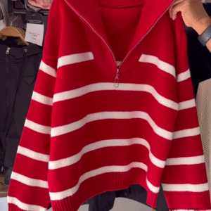 Half-Zip Striped Knit Sweaters 🧶⛷ With High Collar – Red, White & Blue Variants