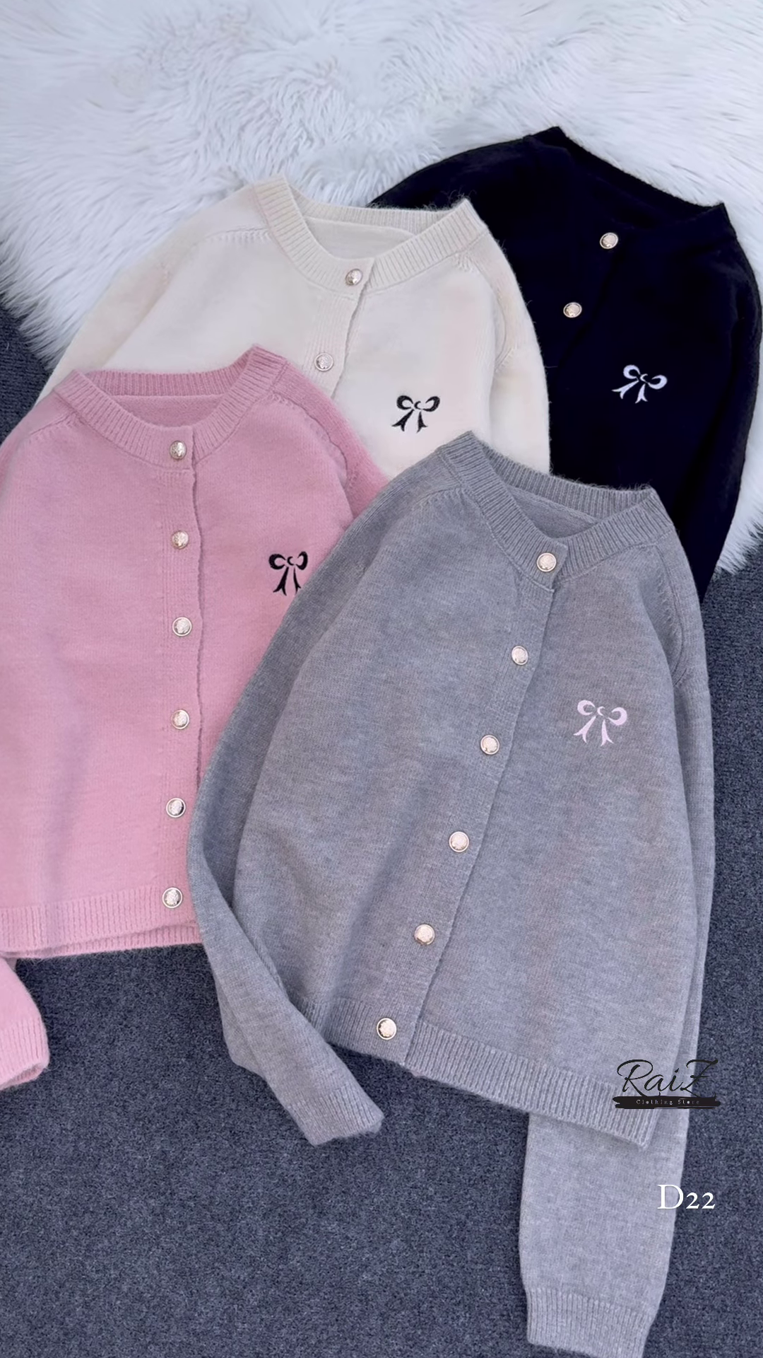Bow-Embroidered Pearl Button Cardigans π§₯π β Soft Knit Layers in Cream, Black, Pink & Gray Variants