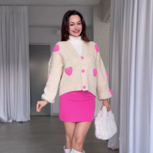 Strawberry-Patch Knit Cardigan 🍓🧥 with Pink Buttons – Styled with Turtleneck, Mini Skirt & Boots