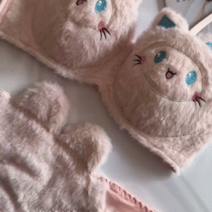Furry Cat-Face Lingerie Set 🐱💖 – Plush Bra & Panty Combo with Embroidered Details
