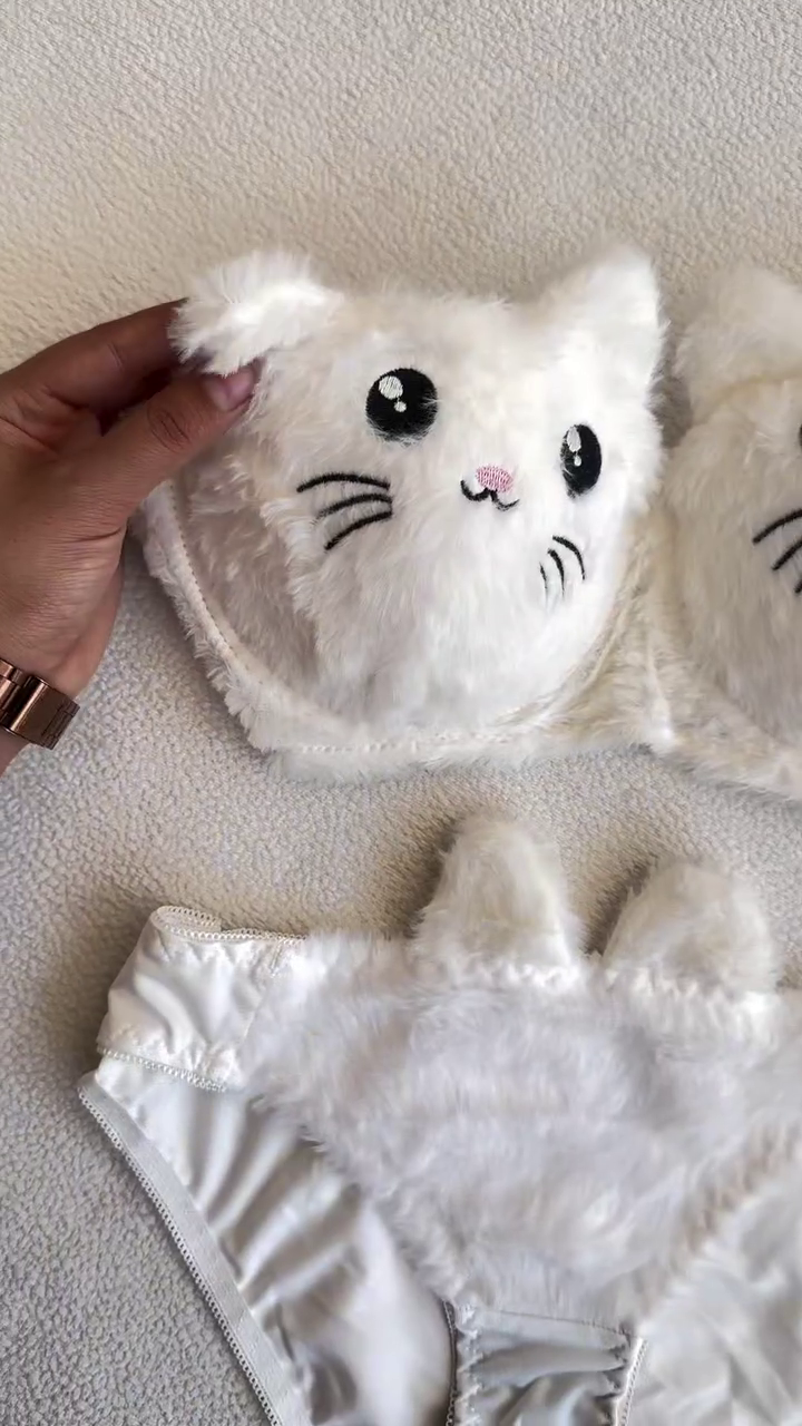 Furry Cat-Face Bras ๐ฑ๐ โ Plush Lingerie Tops in Pink, White & Red Variants with Embroidered Details - Image 2