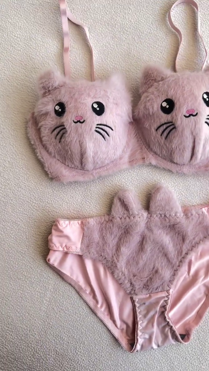 Furry Cat-Face Bras ๐ฑ๐ โ Plush Lingerie Tops in Pink, White & Red Variants with Embroidered Details - Image 3