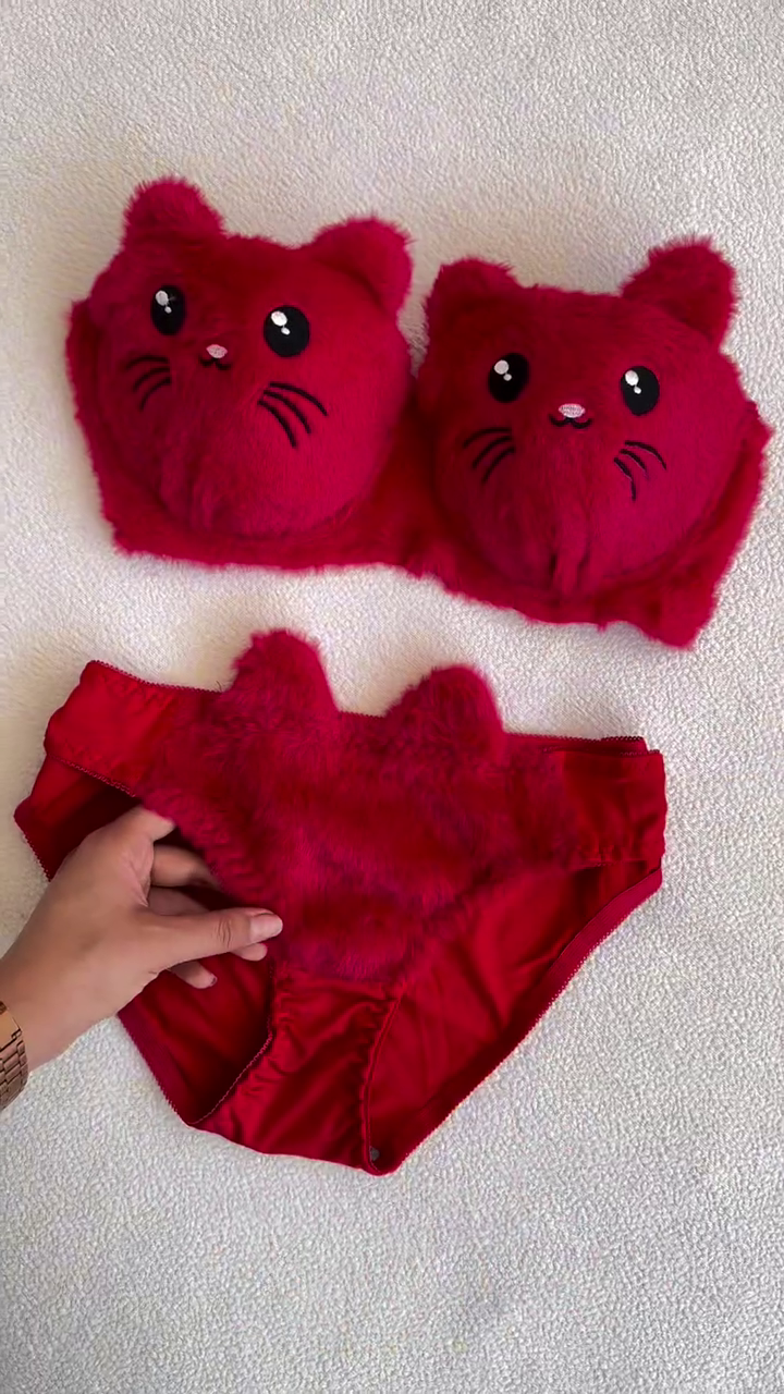 Furry Cat-Face Bras ๐ฑ๐ โ Plush Lingerie Tops in Pink, White & Red Variants with Embroidered Details - Image 4