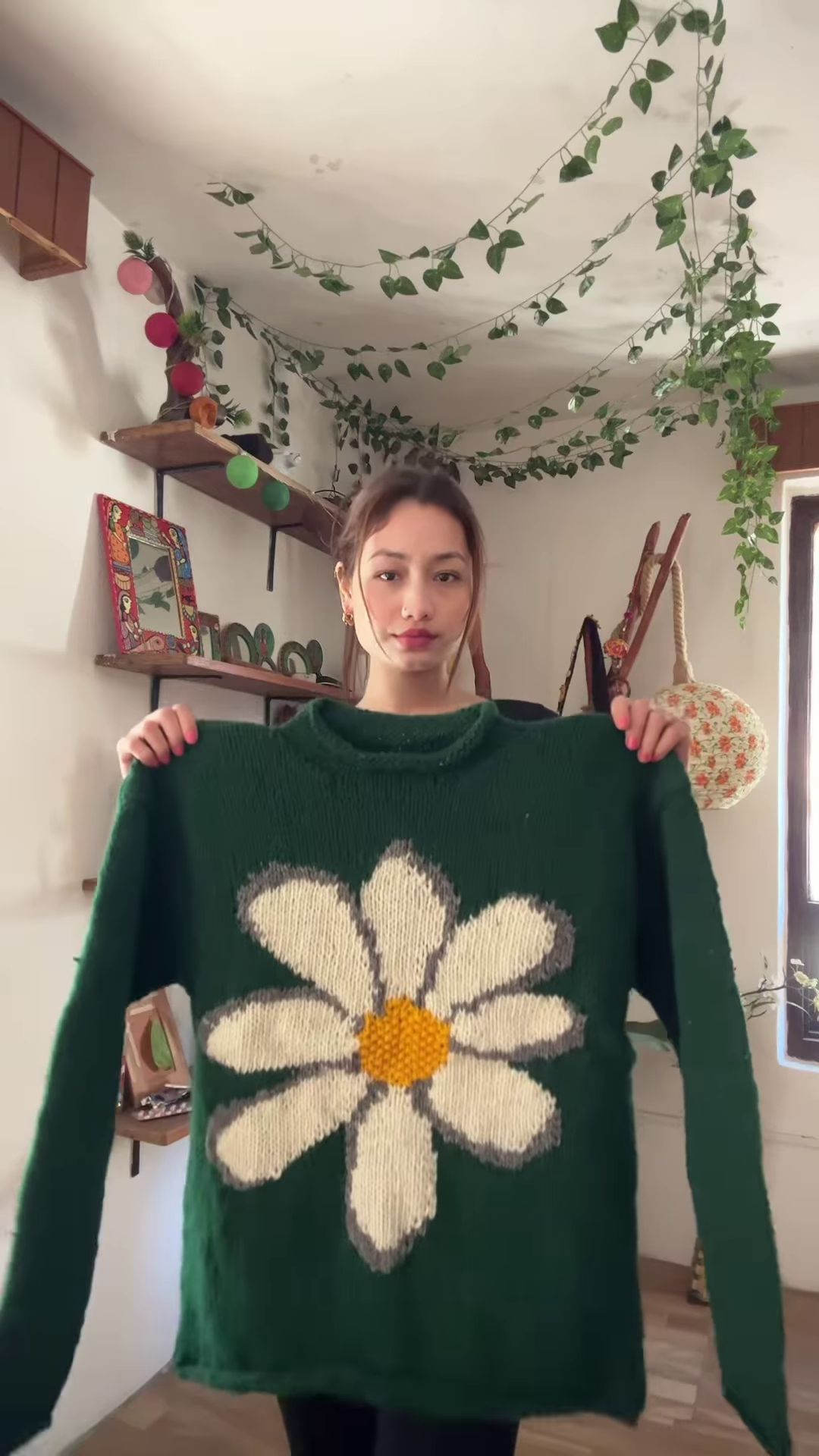 Green Floral Knit Sweater πΌπ§₯ β Oversized White Flower Design Styled with Blue Jeans - Image 2