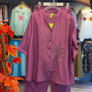 Embroidered Mauve Co-ord with V-Neck Detai