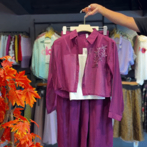 Plum Bloom Shirt & Wide-Leg Pants in Deep Magenta