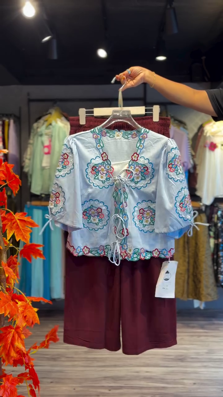 Embroidered Sky Top with Tie Details & Maroon Shorts