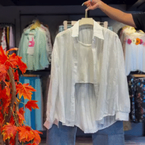 Sheer White Shirt with Crop Layer & Denim Bermudas