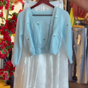 Knitted Bloom Cardigan & Lace Skirt in Powder Blue