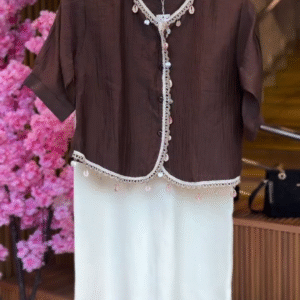 Beaded Trim Blouse in Cocoa & White Skirt