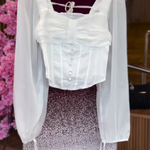 Ruched Sheer Blouse in Ivory & Gradient Speckle Skirt