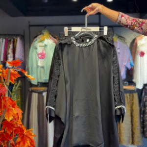 Embroidered Black Dress with Pearl Cuff Detail