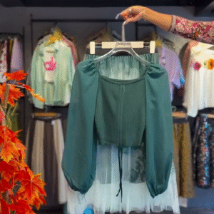 Pleated Bodice Blouse in Olive & Embroidered Tulle Hem