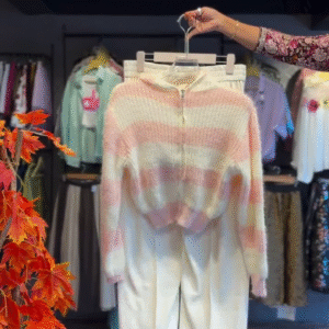 Pastel Pink & Cream Striped Winter Co-Ord Set (Hooded Sweater + Jogger Pants)