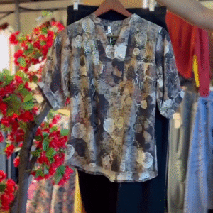 Abstract Print Blouse in Earth Tones & Black Straight Pants