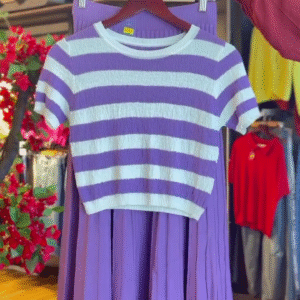 Striped Crop Top in Lilac & Pleated Skirt in Violet