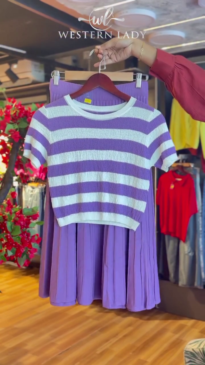 Striped Crop Top in Lilac & Pleated Skirt in Violet