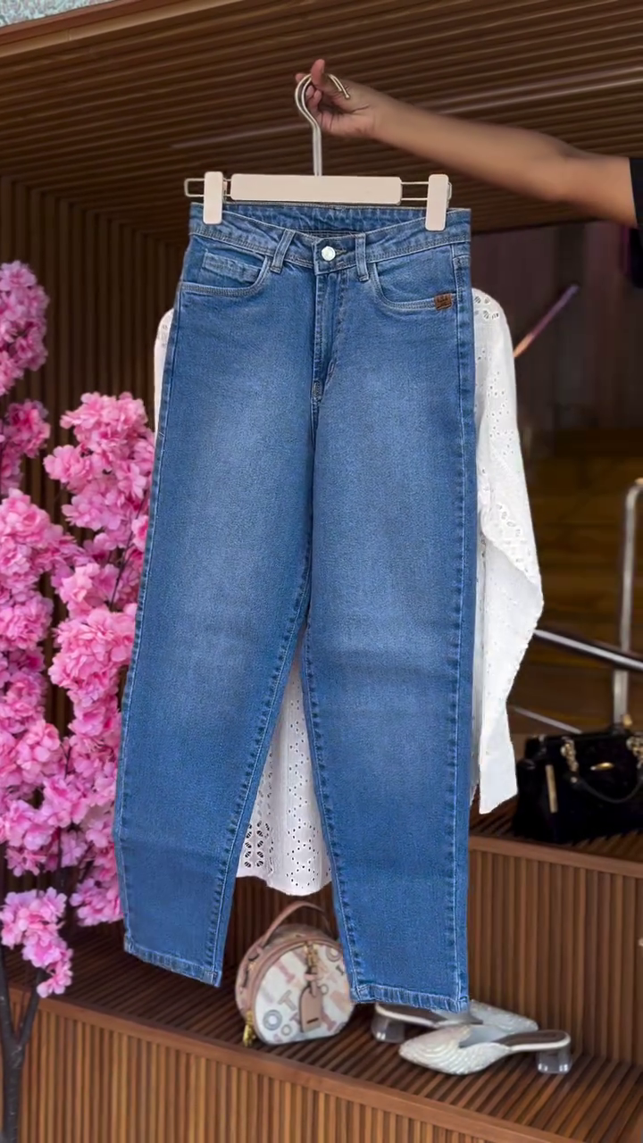 Eyelet Blouse in White & Denim Jeans in Classic Blue - Image 2