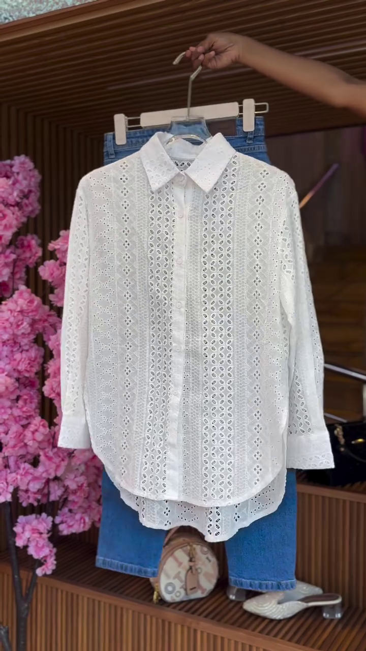 Eyelet Blouse in White & Denim Jeans in Classic Blue