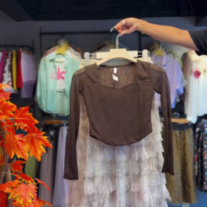 Lace Bodice Dress in Cocoa & Ruffled Skirt in Cream