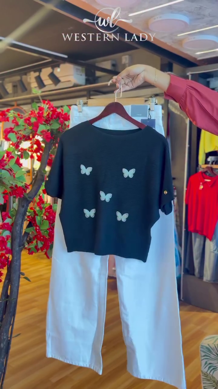 Butterfly Tee in Black & Wide-Leg Pants in White